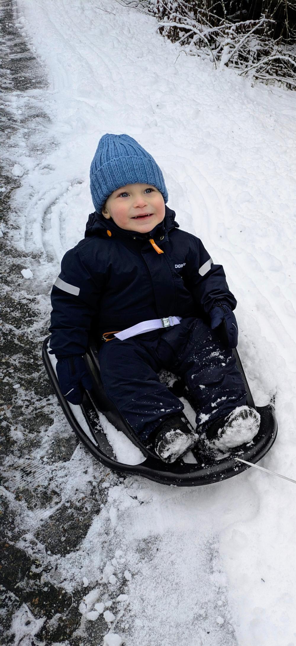 Nico åker pulka och är väldigt glad